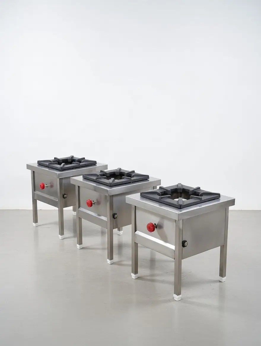 Commercial kitchen equipment supplier in Hyderabad, Telangana with stainless steel cooking range.