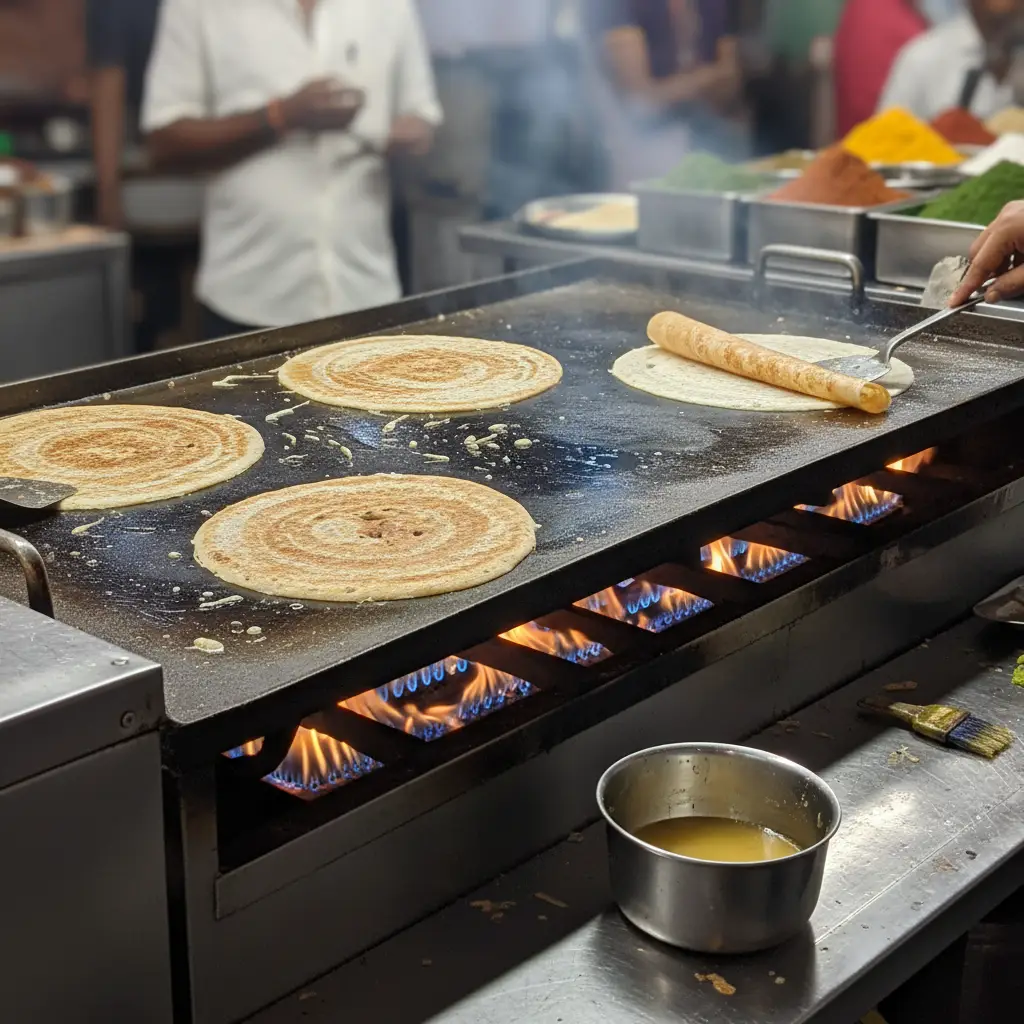 Commercial kitchen equipment supplier in Hyderabad, Telangana with stainless steel cooking range.