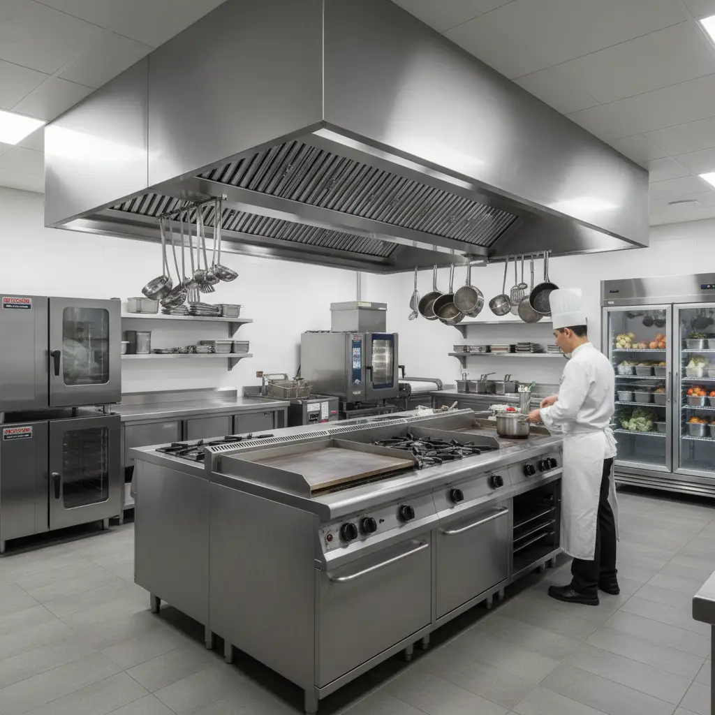 Hotel kitchen equipment manufacturer in Hyderabad, Telangana with oven and exhaust system.
