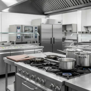 Hotel kitchen equipment manufacturer in Hyderabad, Telangana with oven and exhaust system.
