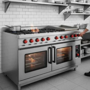 Commercial kitchen equipment supplier in Hyderabad, Telangana with stainless steel cooking range.