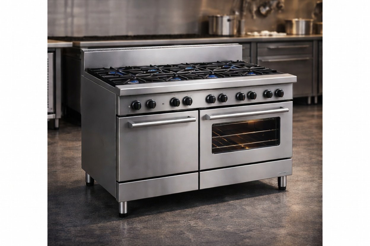 Commercial kitchen equipment supplier in Hyderabad, Telangana with stainless steel cooking range.