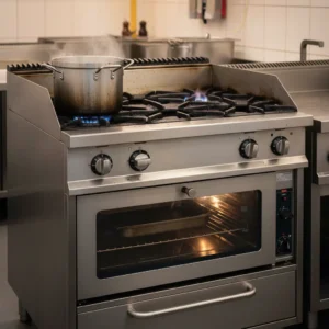 Hotel kitchen equipment manufacturer in Hyderabad, Telangana with oven and exhaust system.
